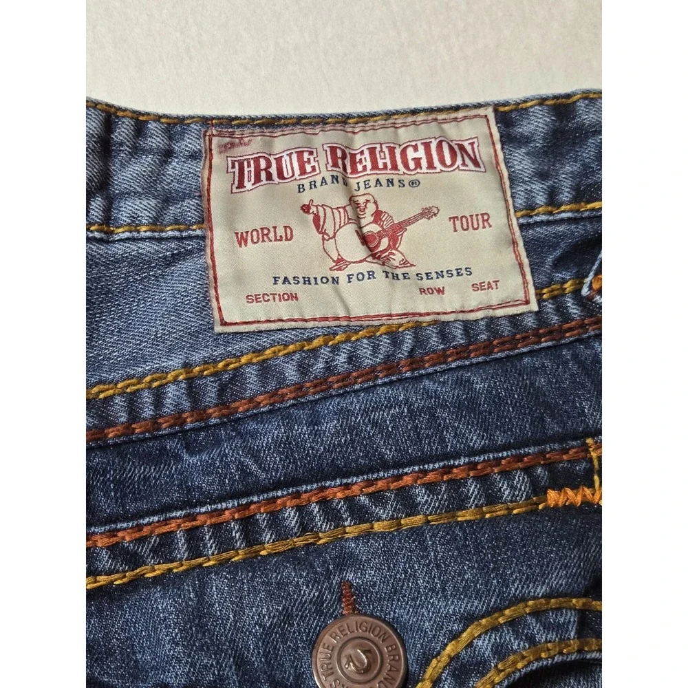 True Religion Mens Denim Jeans 34x25 Medium‎ Wash Orange Stitching